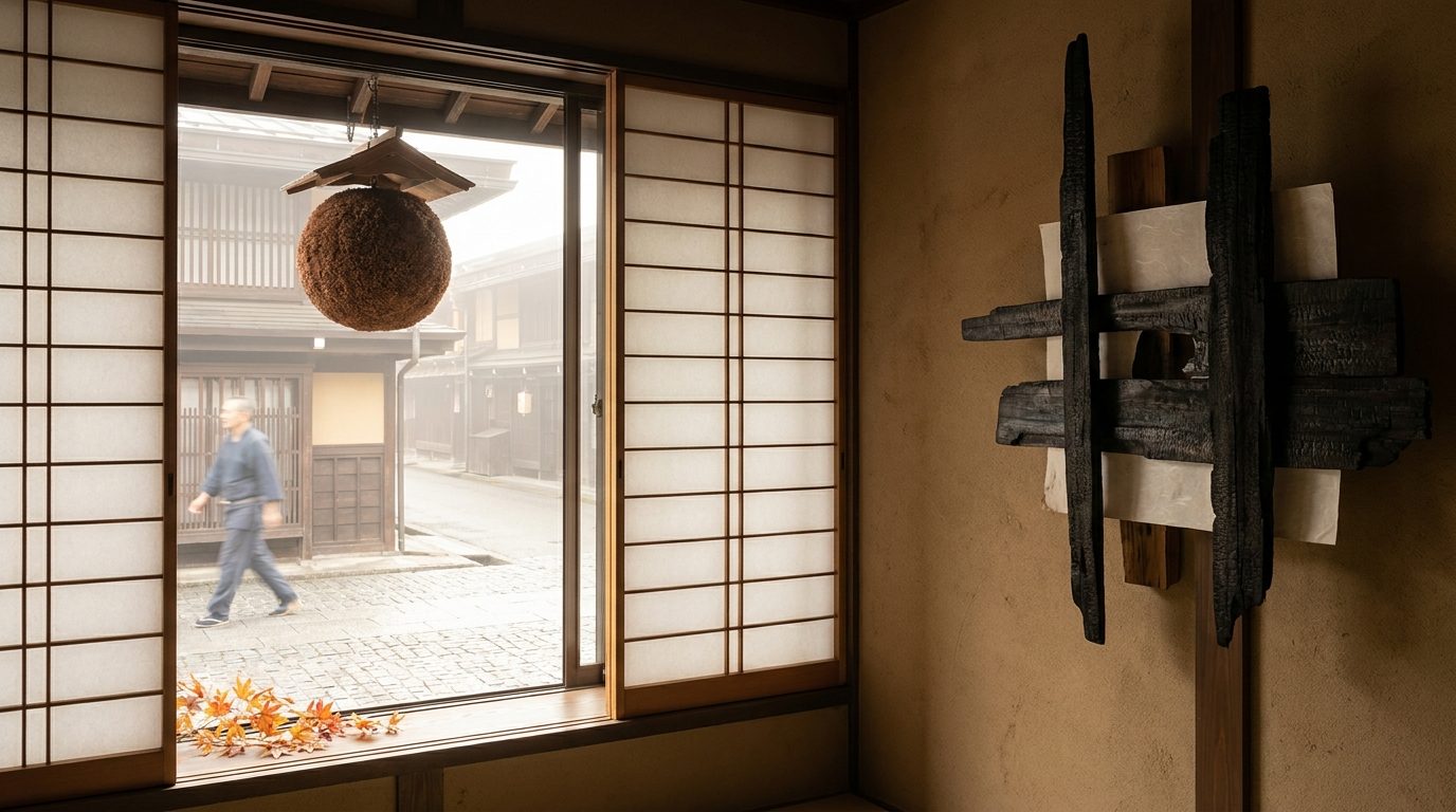 Ryokan interior in Takayama with shoji screens and contemporary Japanese art installation on the wall