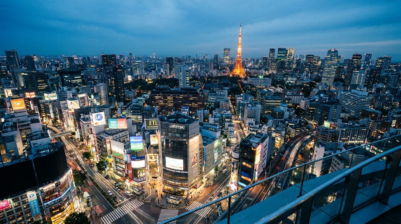 Tokyo city skyline at blue hour from Roppongi Hills observatory, wide angle