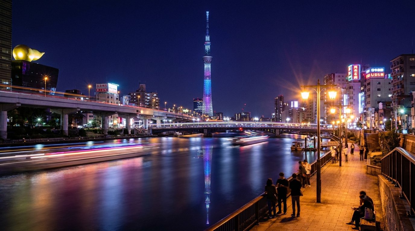 Tokyo Skytree reflected in Sumida River at night, long exposure 30 seconds
