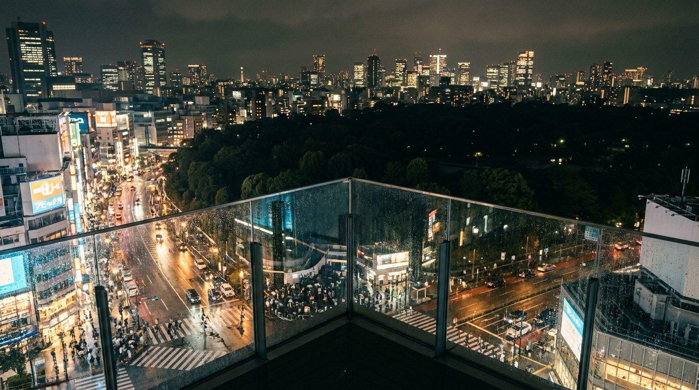 Shibuya Scramble Square rooftop view of city lights and dark park boundary at night