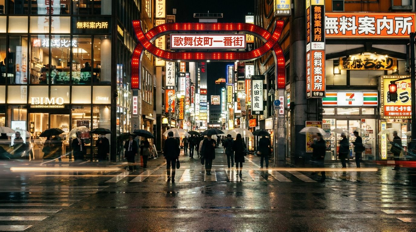 Shinjuku Kabukicho neon signs at night, 35mm wide angle street level perspective