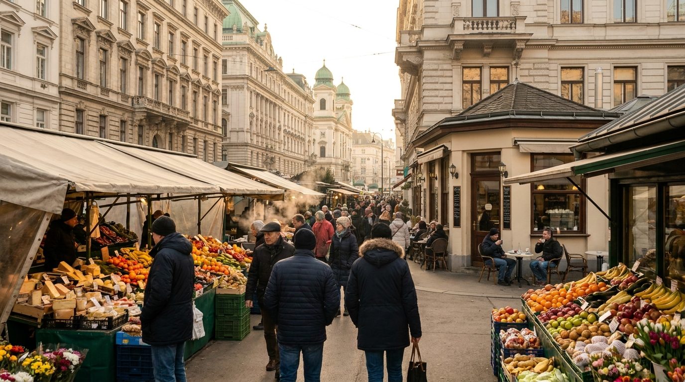 Vienna Naschmarkt outdoor market stalls with fresh produce and crowds in morning light