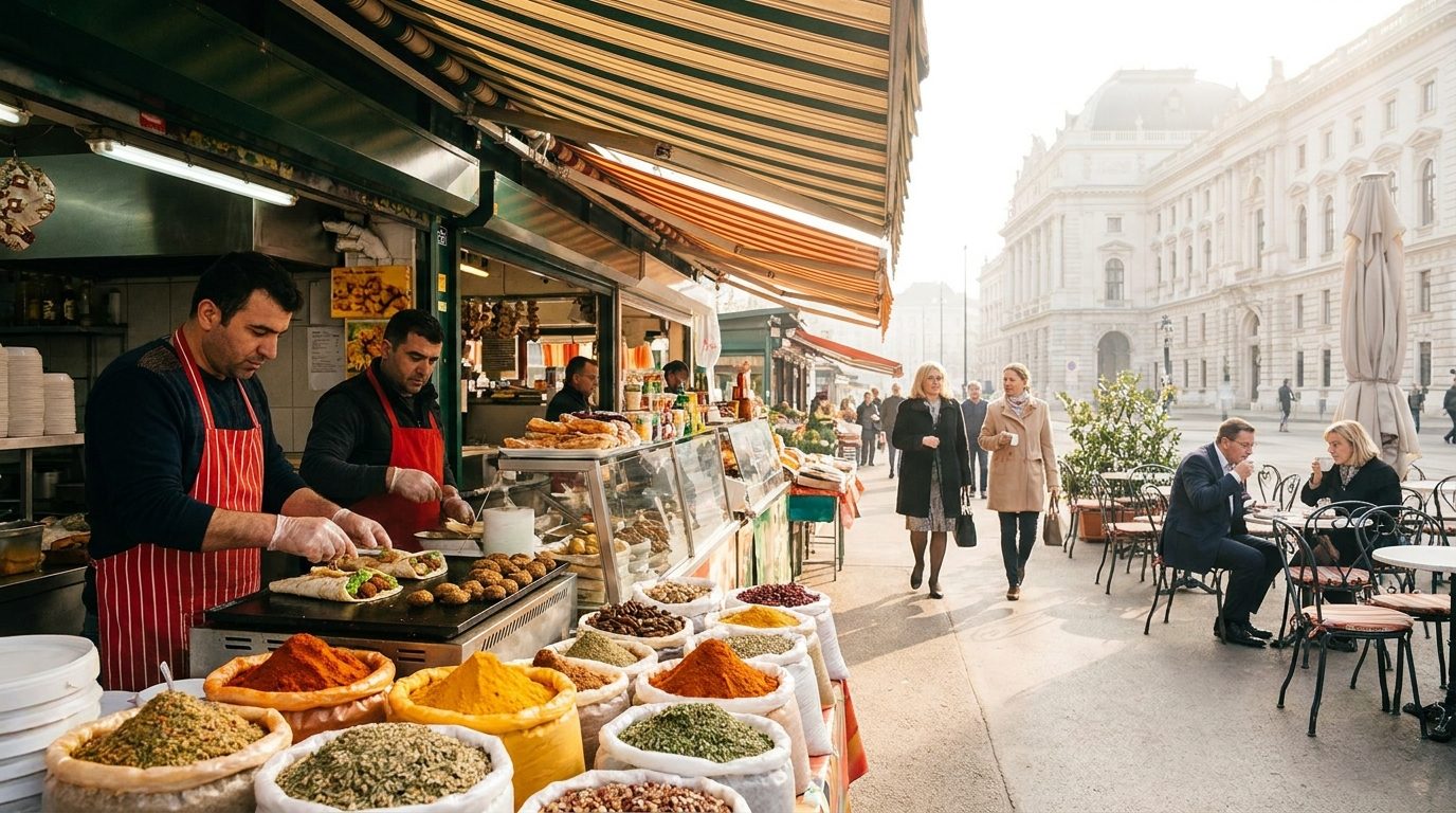 Naschmarkt Vienna Turkish food stalls falafel wraps and colourful spice displays