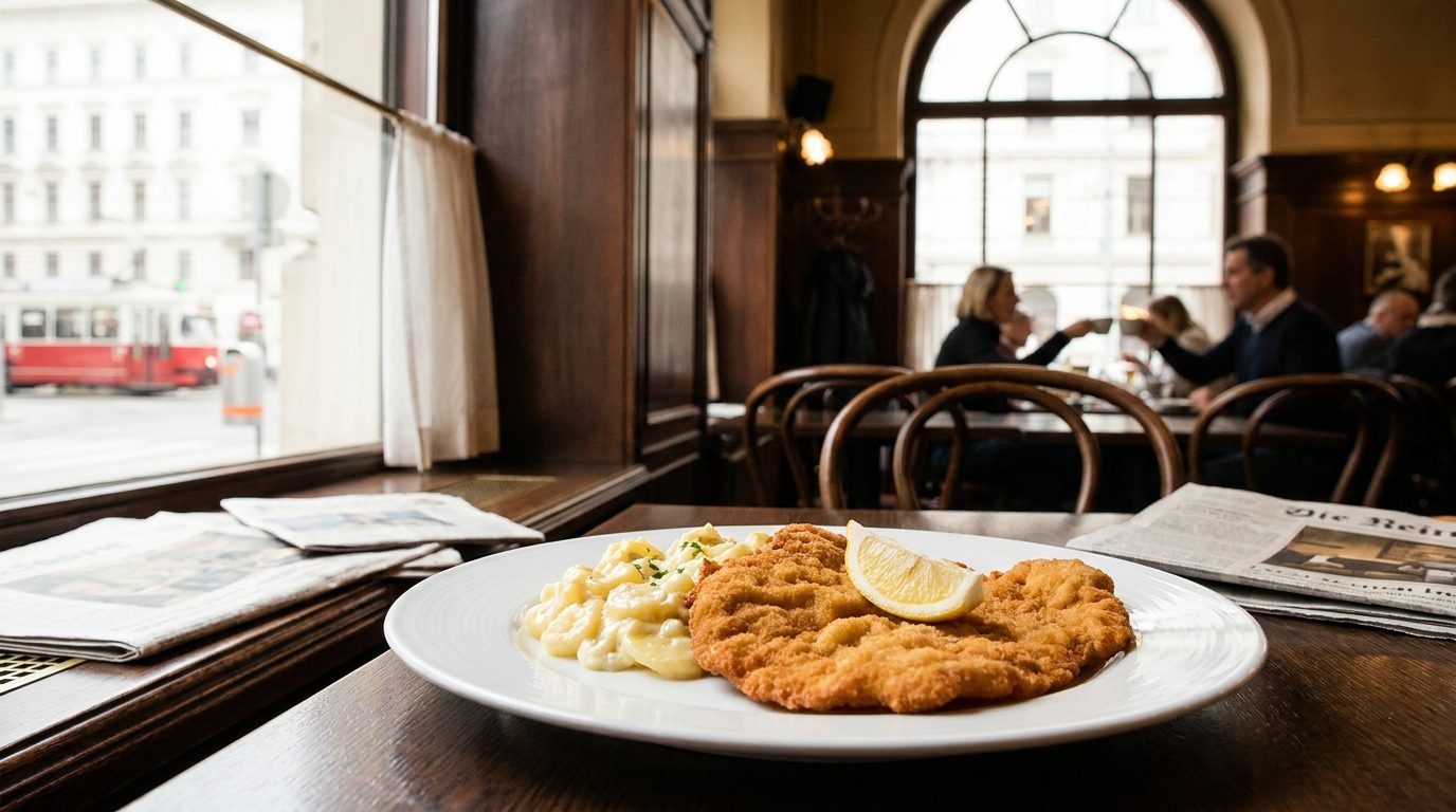 Golden crispy Wiener Schnitzel served with potato salad on white plate Vienna