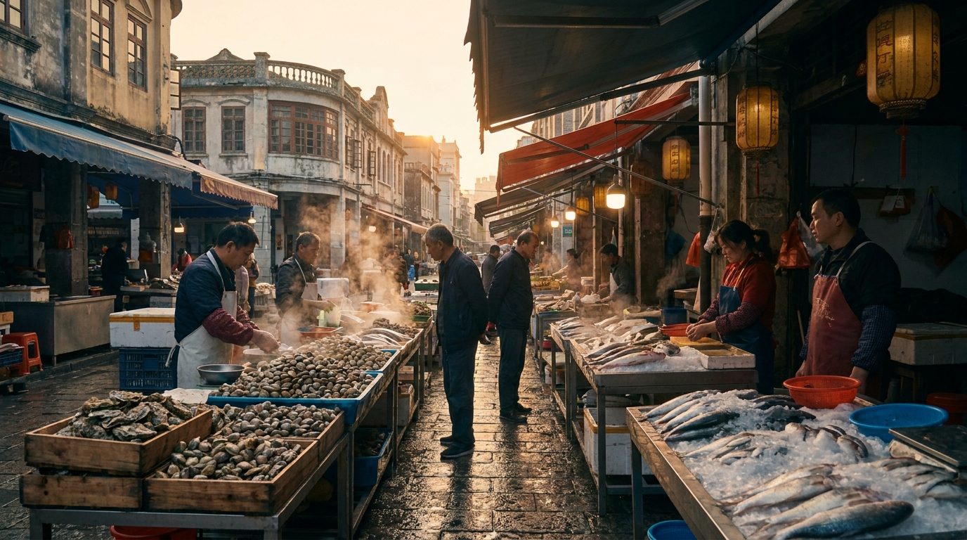 Xiamen Bashi Market morning seafood stalls with fresh clams oysters and fish