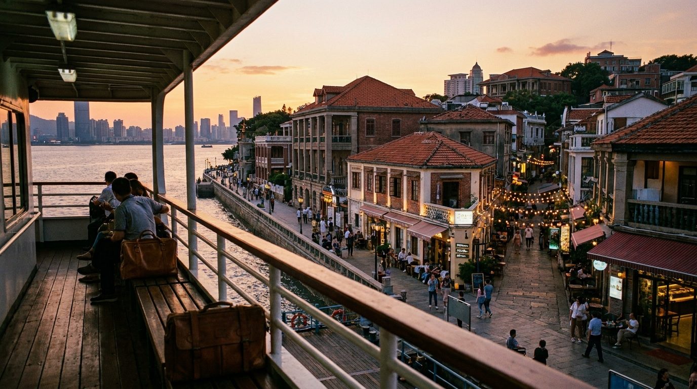 Xiamen Gulangyu Island ferry view with red rooftops and coastal evening light
