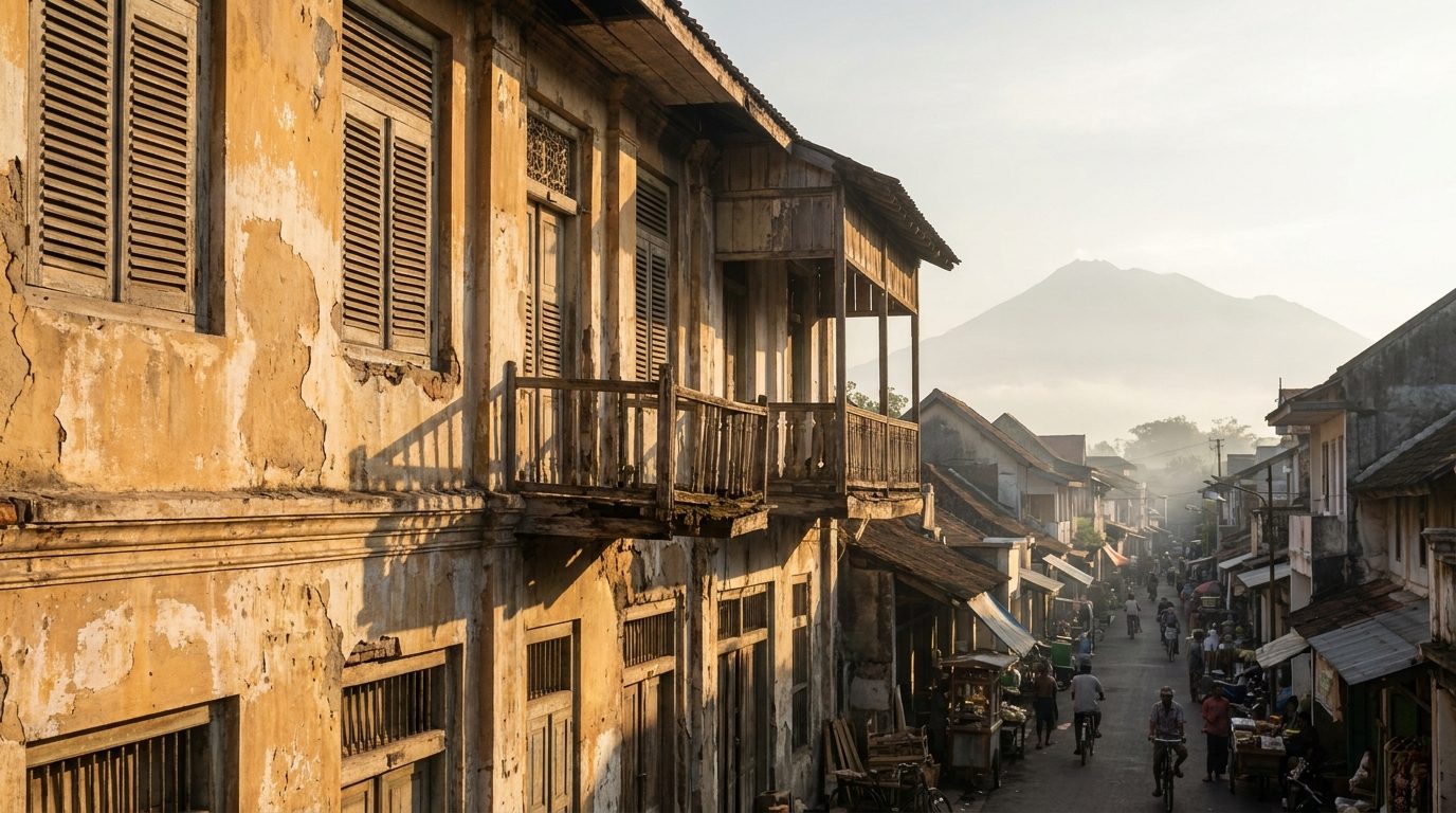 Decaying Dutch colonial facade in Yogyakarta Kota Gede district, late afternoon side light