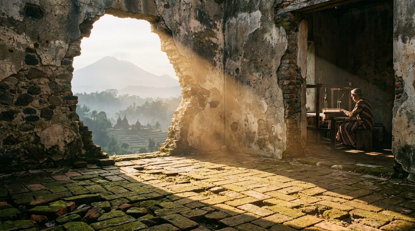 Shaft of afternoon light cutting through broken colonial wall onto crumbling brick floor Yogyakarta