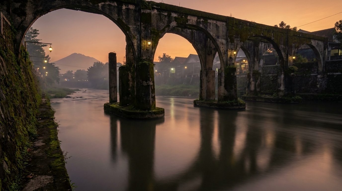 Long exposure river reflection against mossy abandoned concrete structure Kali Code Yogyakarta dusk