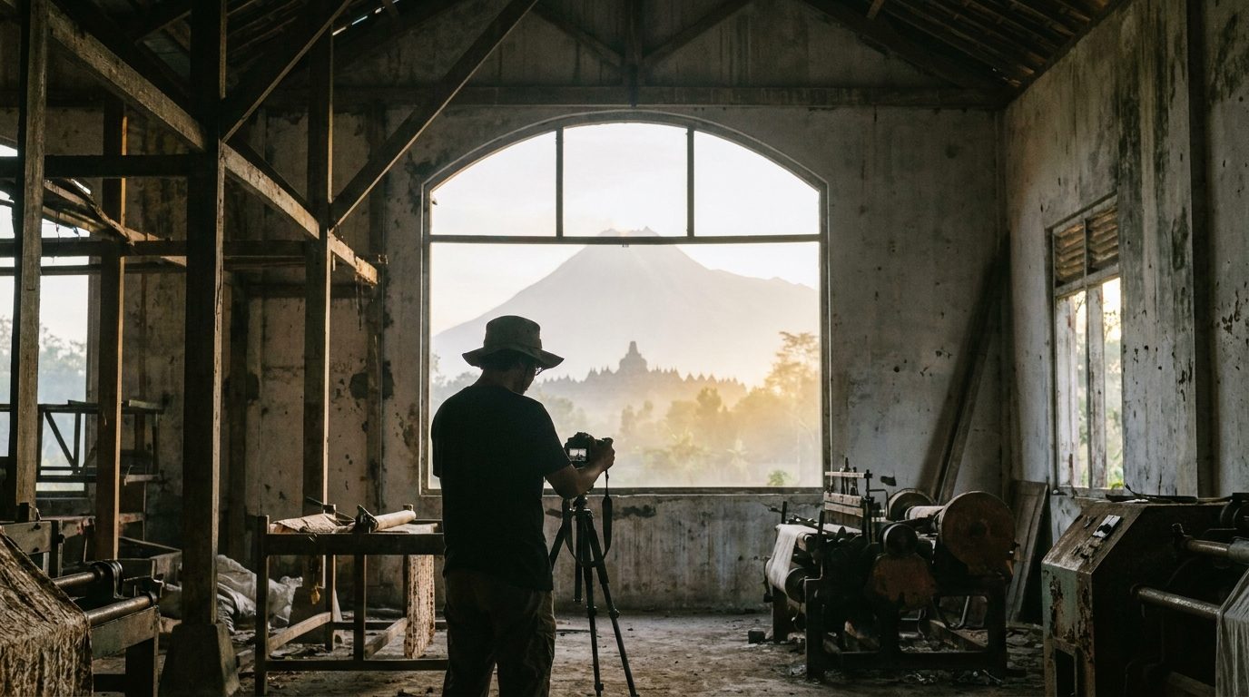 Photographer silhouette with tripod inside decaying Javanese industrial warehouse Yogyakarta backlight